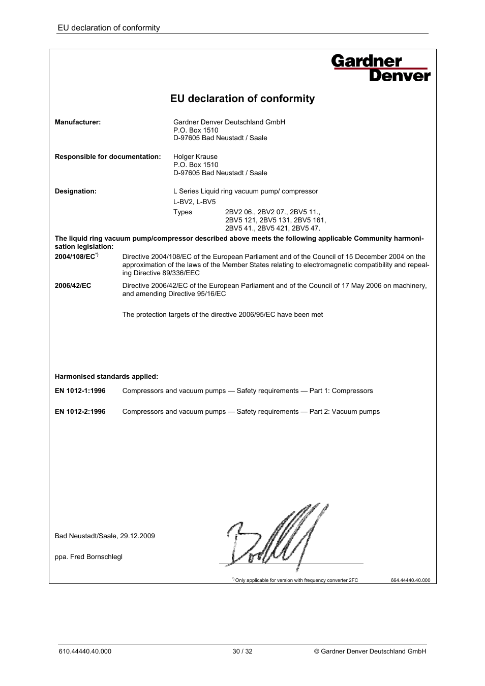 Eu declaration of conformity | Elmo Rietschle L-BV5 Operating instructions User Manual | Page 30 / 32