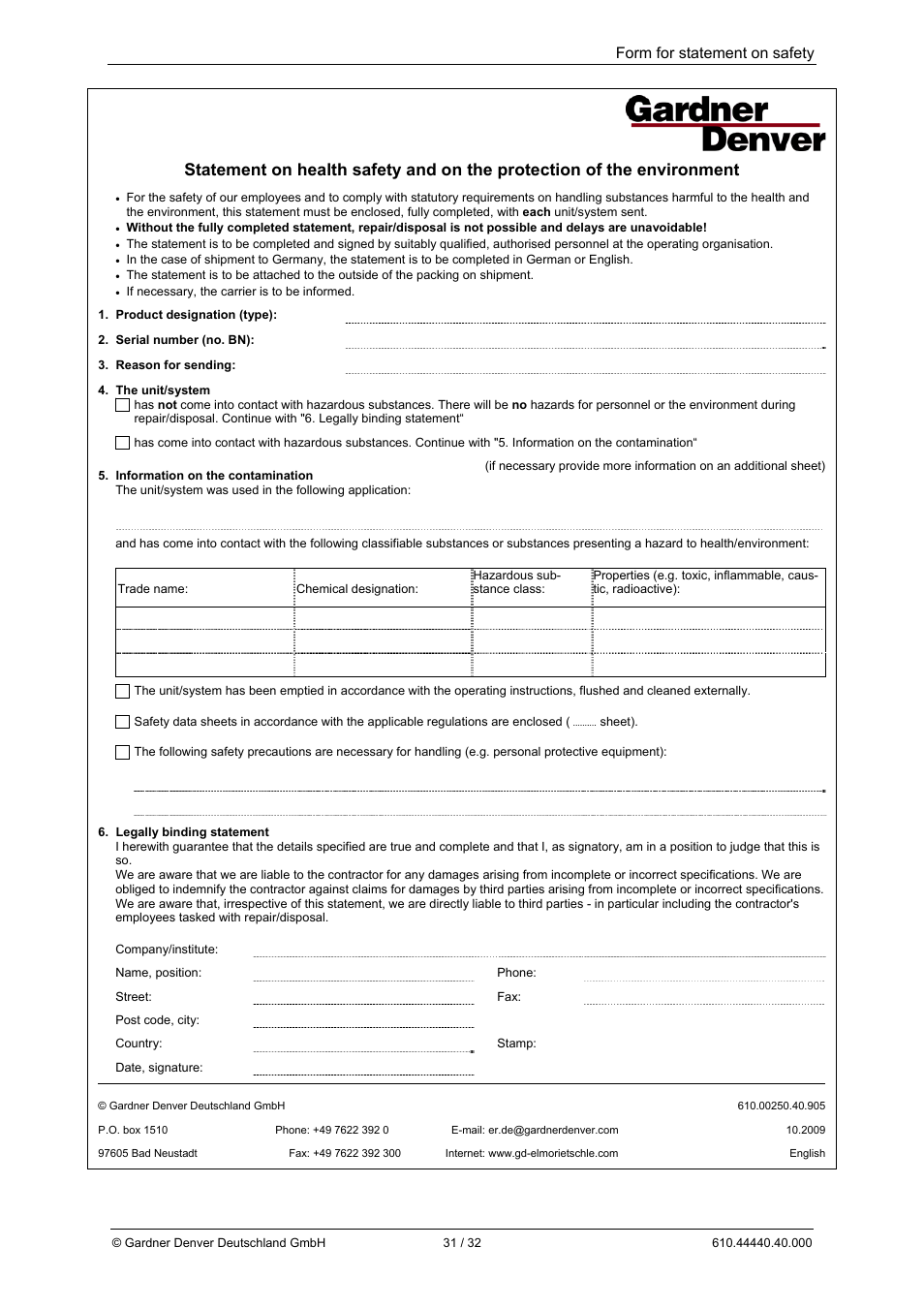 Form for statement on safety | Elmo Rietschle L-BV5 Operating instructions User Manual | Page 31 / 32