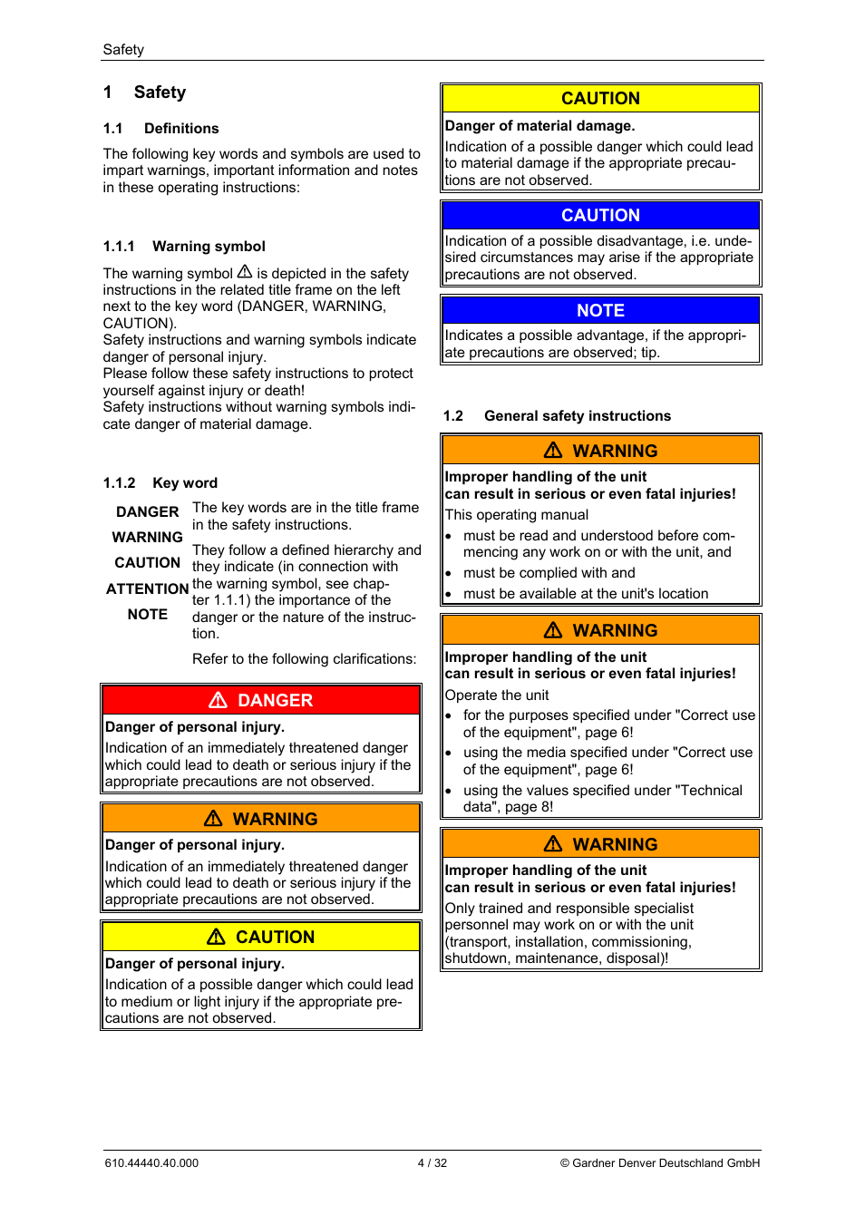 1 safety, Danger, Warning | Caution | Elmo Rietschle L-BV5 Operating instructions User Manual | Page 4 / 32