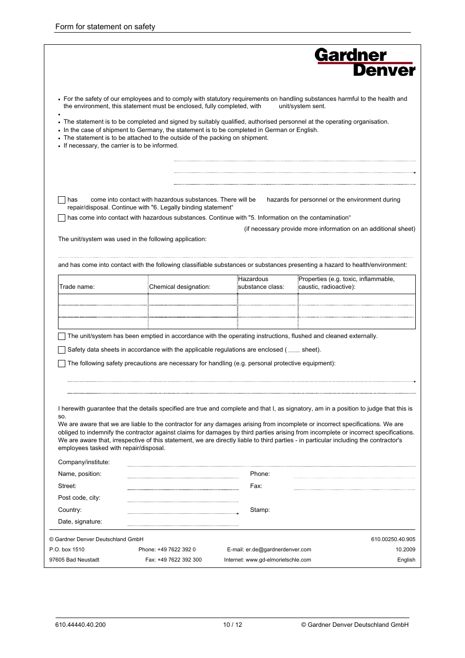 Form for statement on safety | Elmo Rietschle L-BV5 Supplementary instructions User Manual | Page 10 / 12