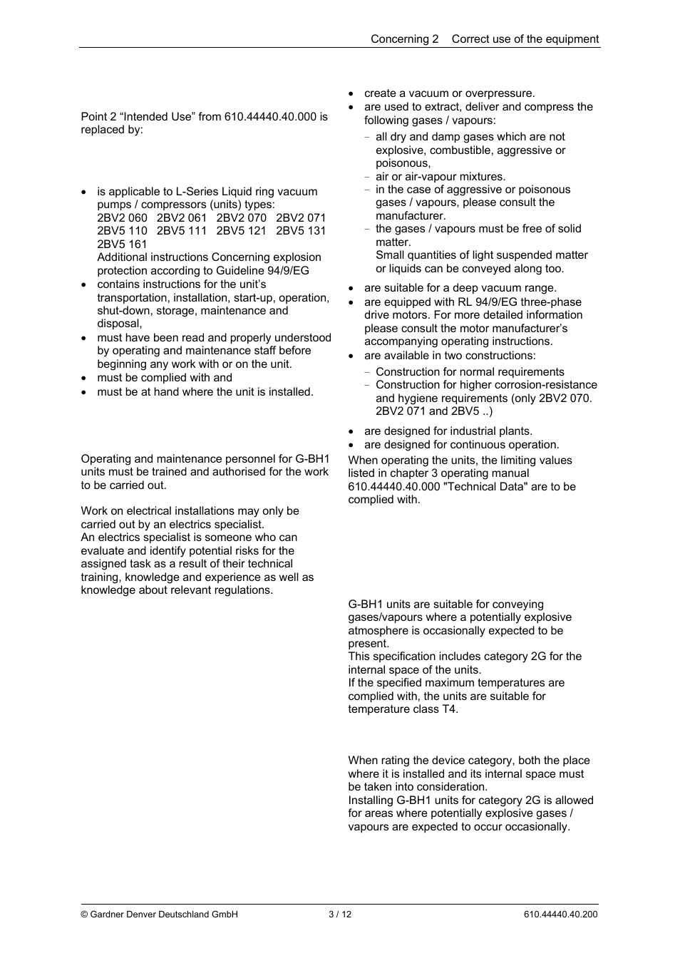 Concerning 2 correct use of the equipment | Elmo Rietschle L-BV5 Supplementary instructions User Manual | Page 3 / 12