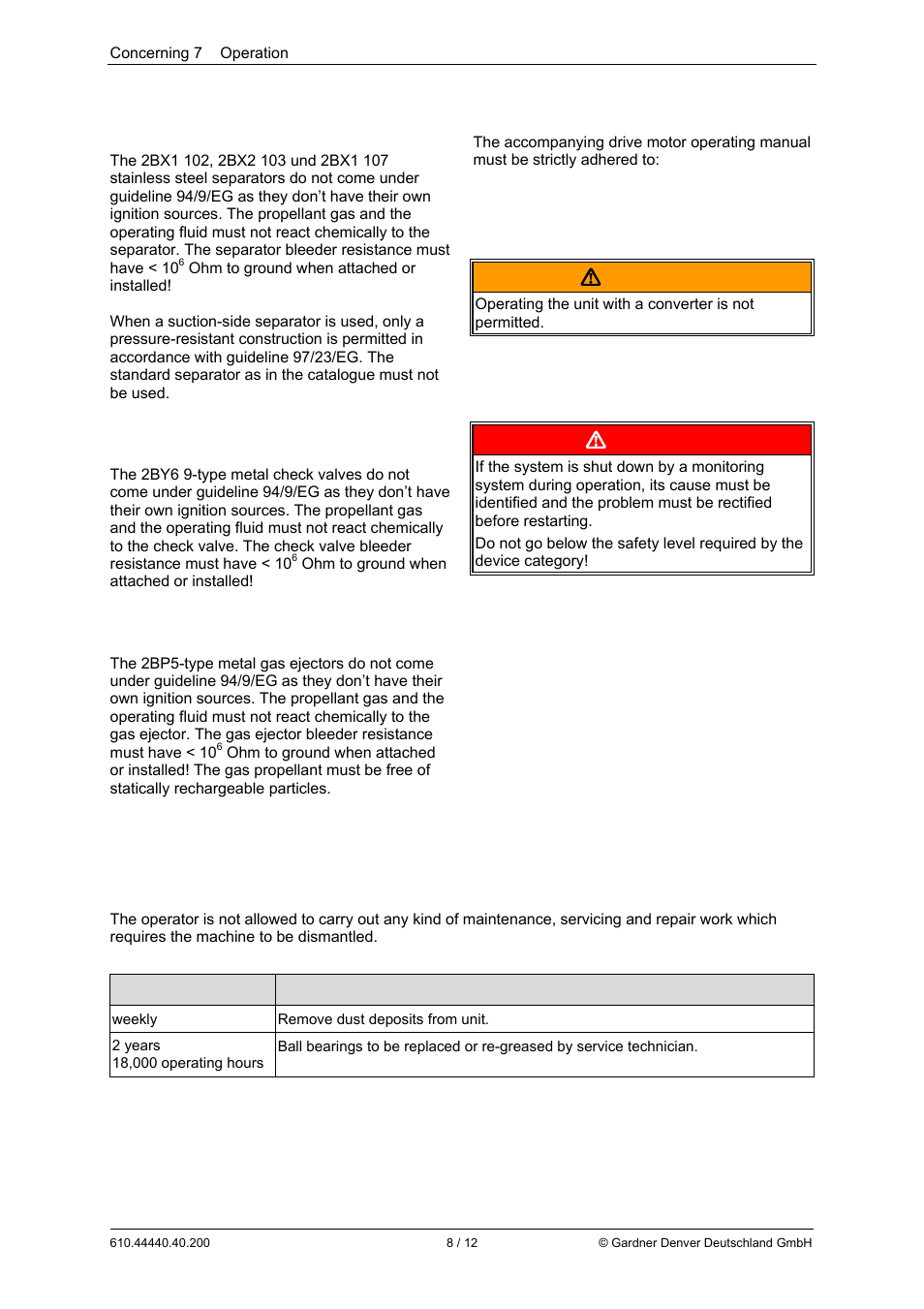 Warning, Concerning 7 operation  danger, Concerning 9 maintenance | Elmo Rietschle L-BV5 Supplementary instructions User Manual | Page 8 / 12