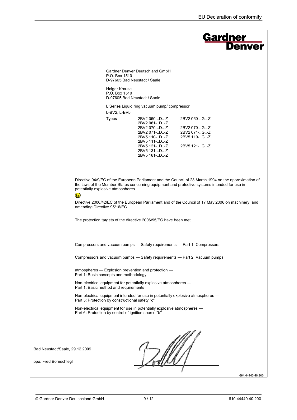 Eu declaration of conformity | Elmo Rietschle L-BV5 Supplementary instructions User Manual | Page 9 / 12