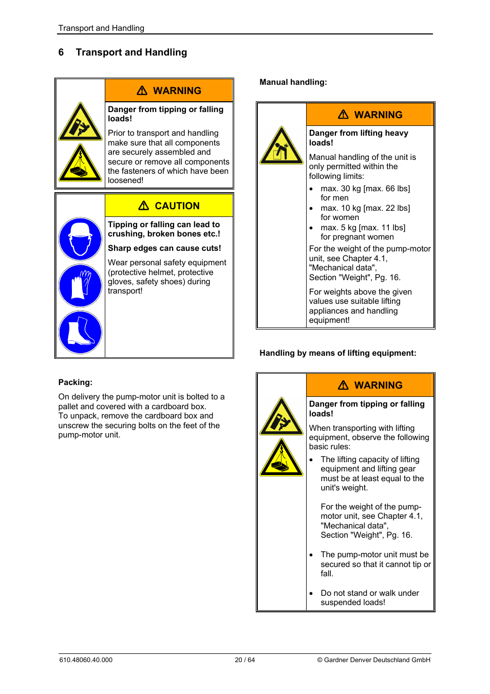6 transport and handling, Warning, Caution | Elmo Rietschle L-BV7 User Manual | Page 20 / 64