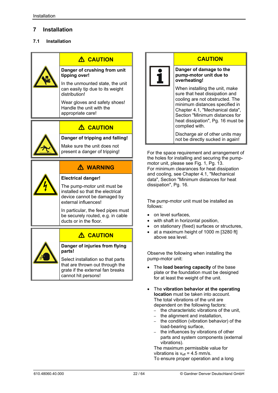 7 installation, Caution, Warning | Elmo Rietschle L-BV7 User Manual | Page 22 / 64