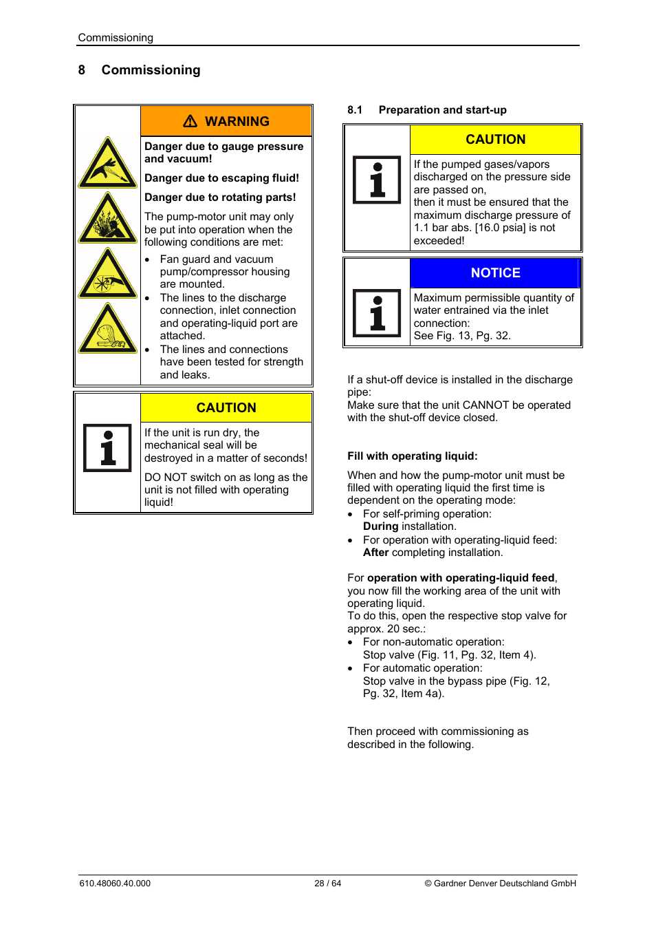 8 commissioning, Warning, Caution | Notice | Elmo Rietschle L-BV7 User Manual | Page 28 / 64