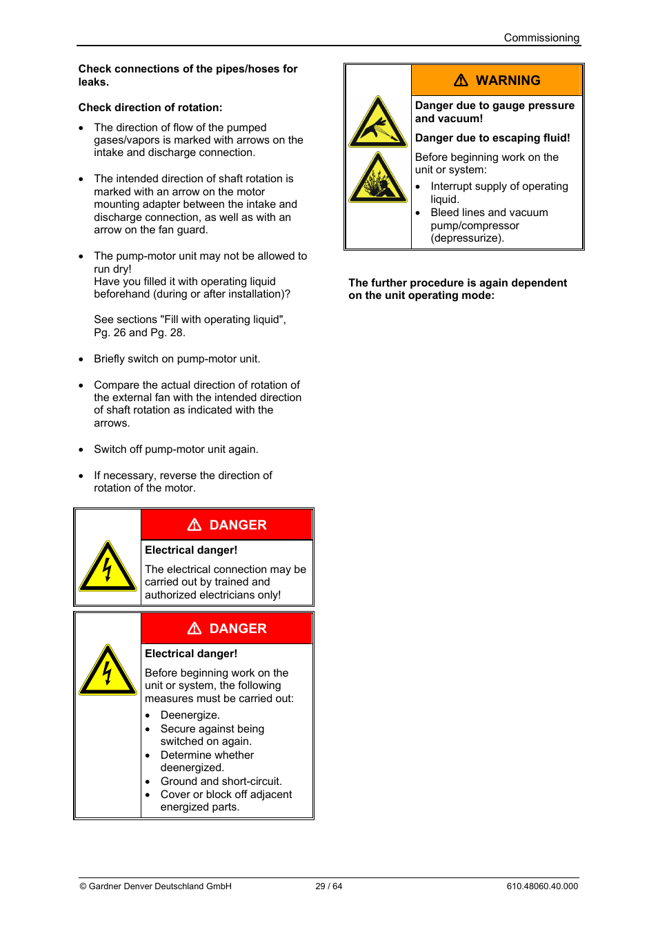 Danger, Warning | Elmo Rietschle L-BV7 User Manual | Page 29 / 64