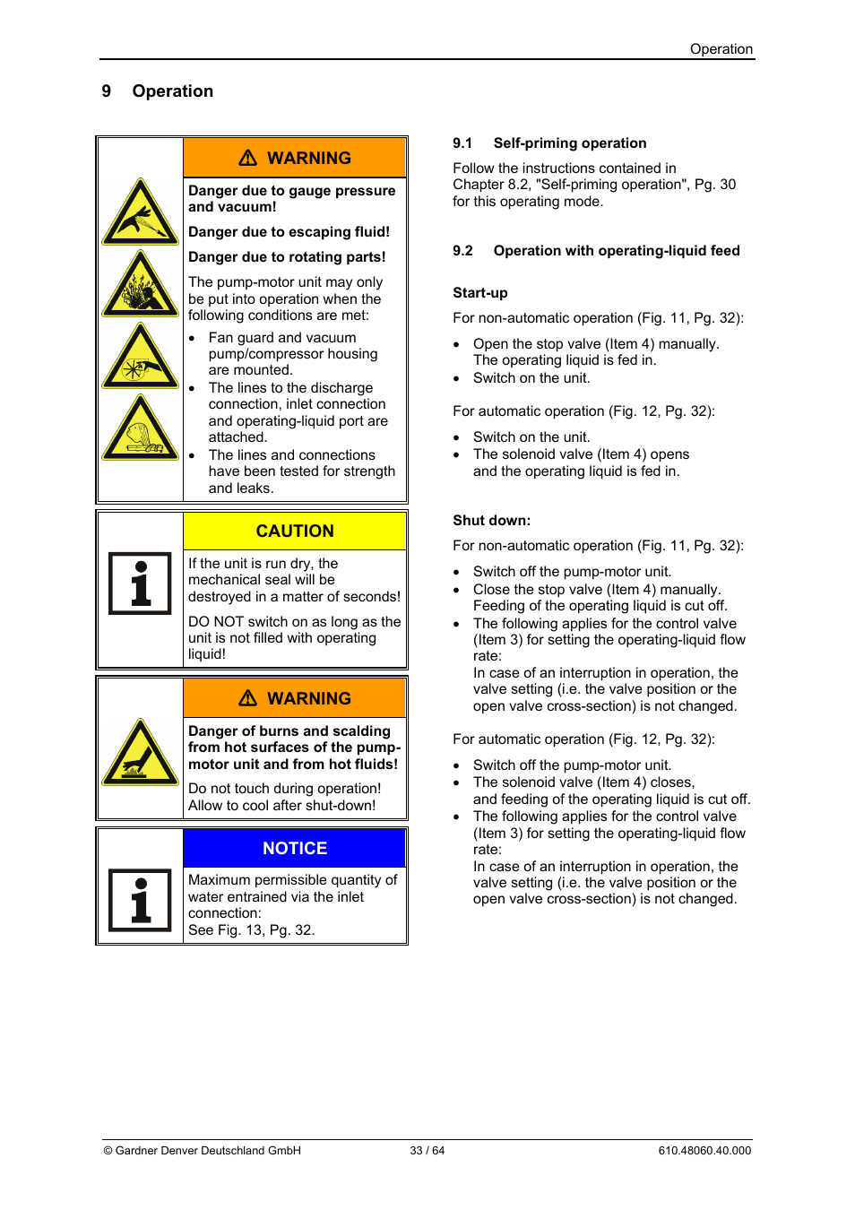 9 operation, Warning, Caution | Notice | Elmo Rietschle L-BV7 User Manual | Page 33 / 64