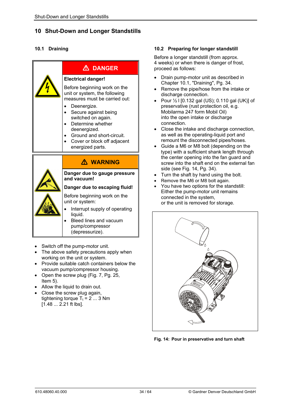 10 shut-down and longer standstills, Danger, Warning | Elmo Rietschle L-BV7 User Manual | Page 34 / 64