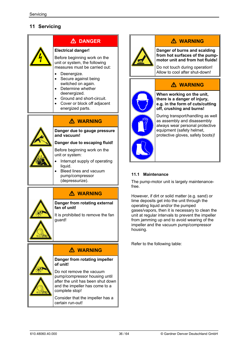 11 servicing, Danger, Warning | Elmo Rietschle L-BV7 User Manual | Page 36 / 64