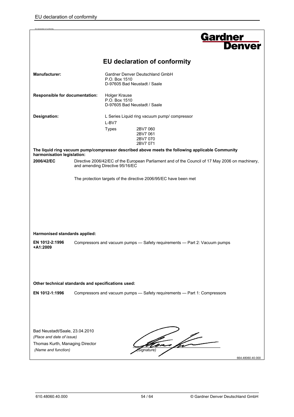 Eu declaration of conformity | Elmo Rietschle L-BV7 User Manual | Page 54 / 64