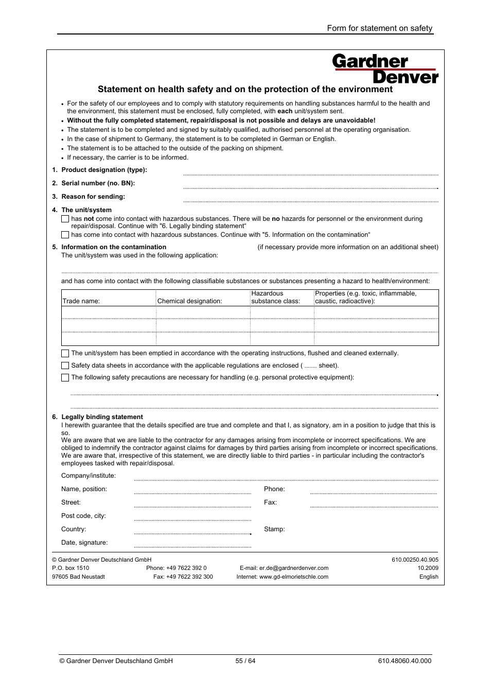 Form for statement on safety | Elmo Rietschle L-BV7 User Manual | Page 55 / 64