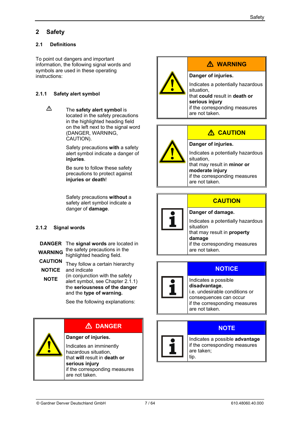 2 safety, Danger, Warning | Caution, Notice | Elmo Rietschle L-BV7 User Manual | Page 7 / 64