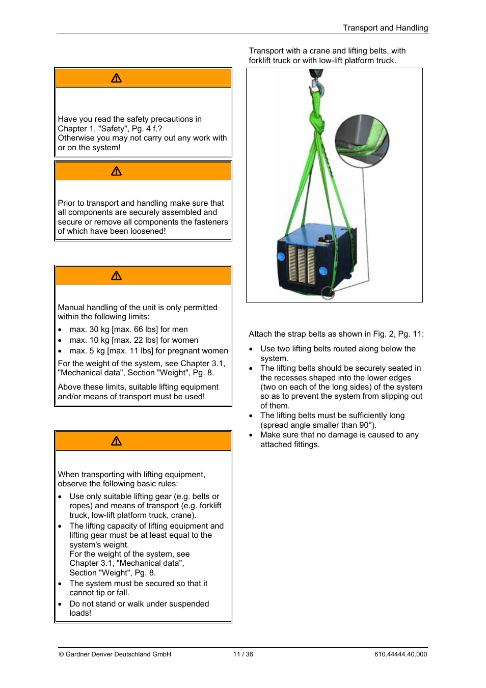 4transport and handling  warning, Warning | Elmo Rietschle L-BL2 User Manual | Page 11 / 36