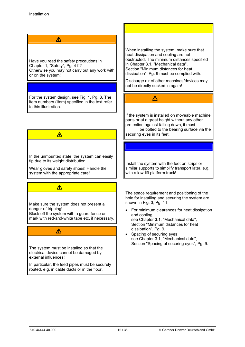 5 installation  warning, Caution, Warning | Elmo Rietschle L-BL2 User Manual | Page 12 / 36