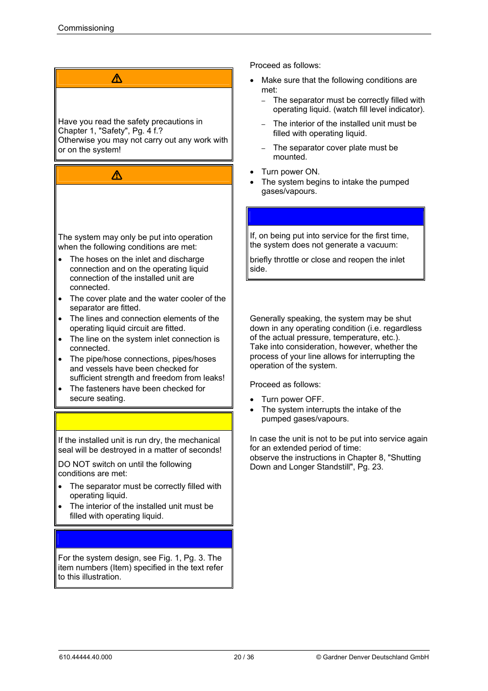 6 commissioning  warning, Warning, Caution | Elmo Rietschle L-BL2 User Manual | Page 20 / 36