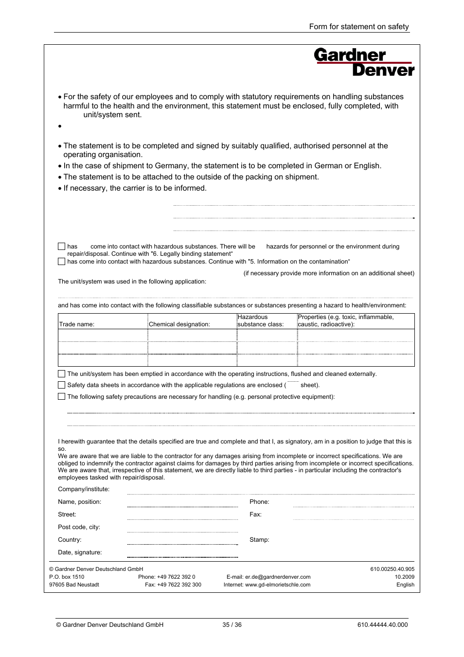 Form for statement on safety | Elmo Rietschle L-BL2 User Manual | Page 35 / 36