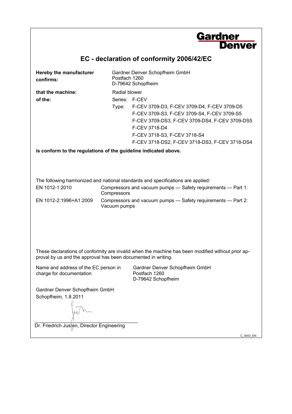 Declaration of conformity | Elmo Rietschle F-CEV-D User Manual | Page 25 / 26