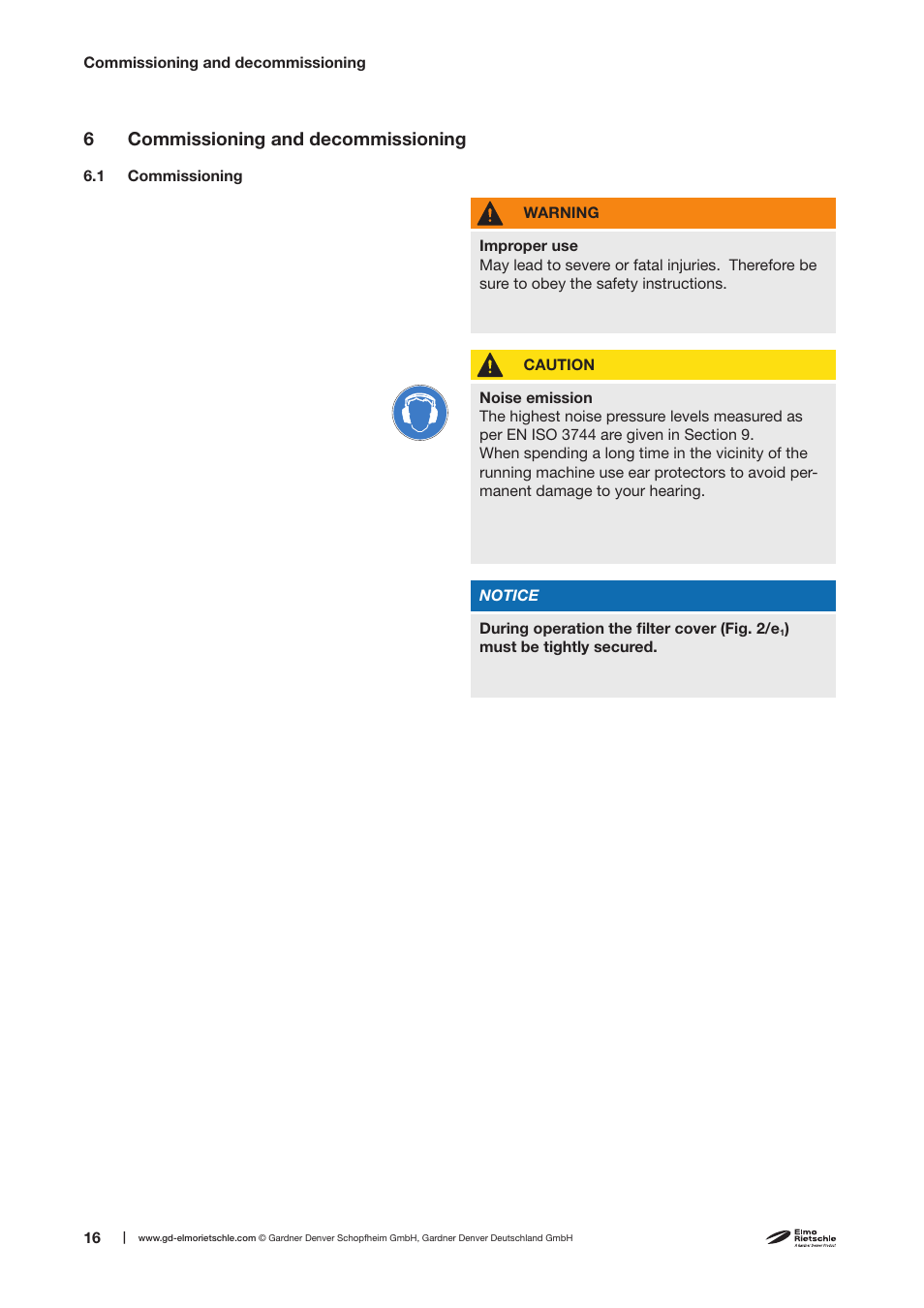 6commissioning and decommissioning | Elmo Rietschle F-CEVF (29),(30),(39) User Manual | Page 16 / 26