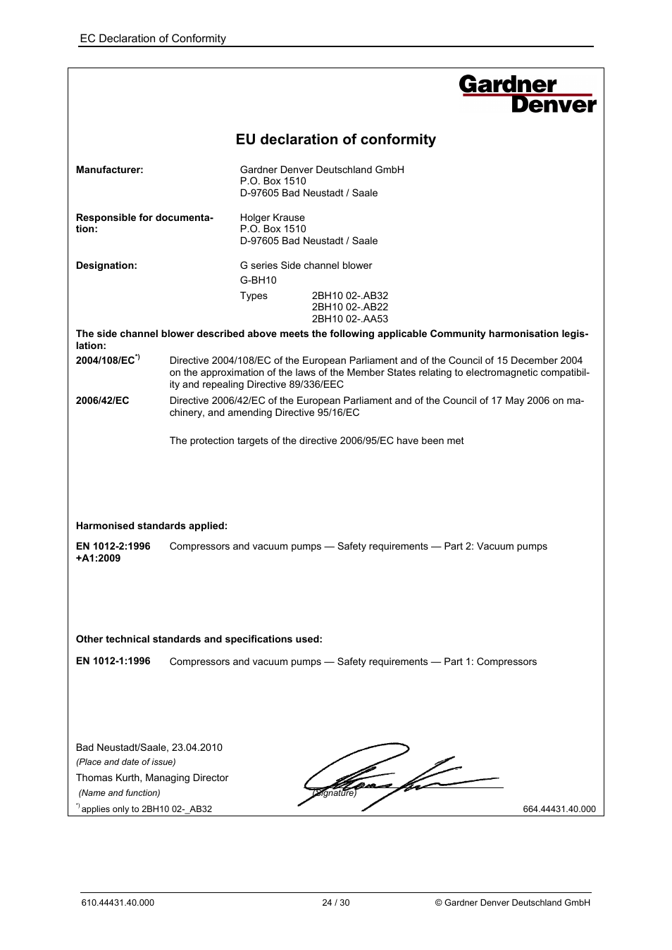 Eu declaration of conformity | Elmo Rietschle G-BH10 User Manual | Page 24 / 30