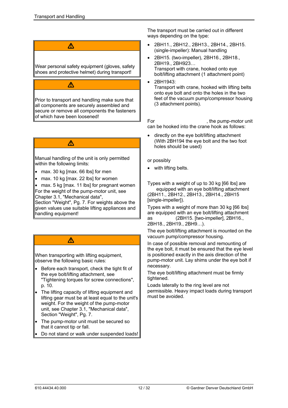 4transport and handling  warning, Warning | Elmo Rietschle G-BH9 User Manual | Page 12 / 32