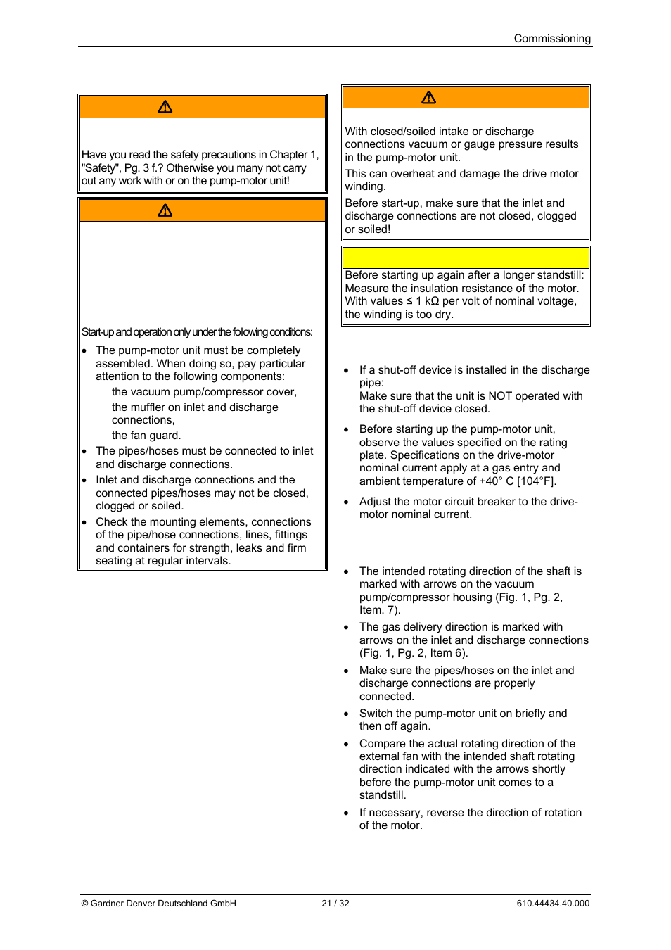 6 commissioning  warning, Warning, Caution | Elmo Rietschle G-BH9 User Manual | Page 21 / 32