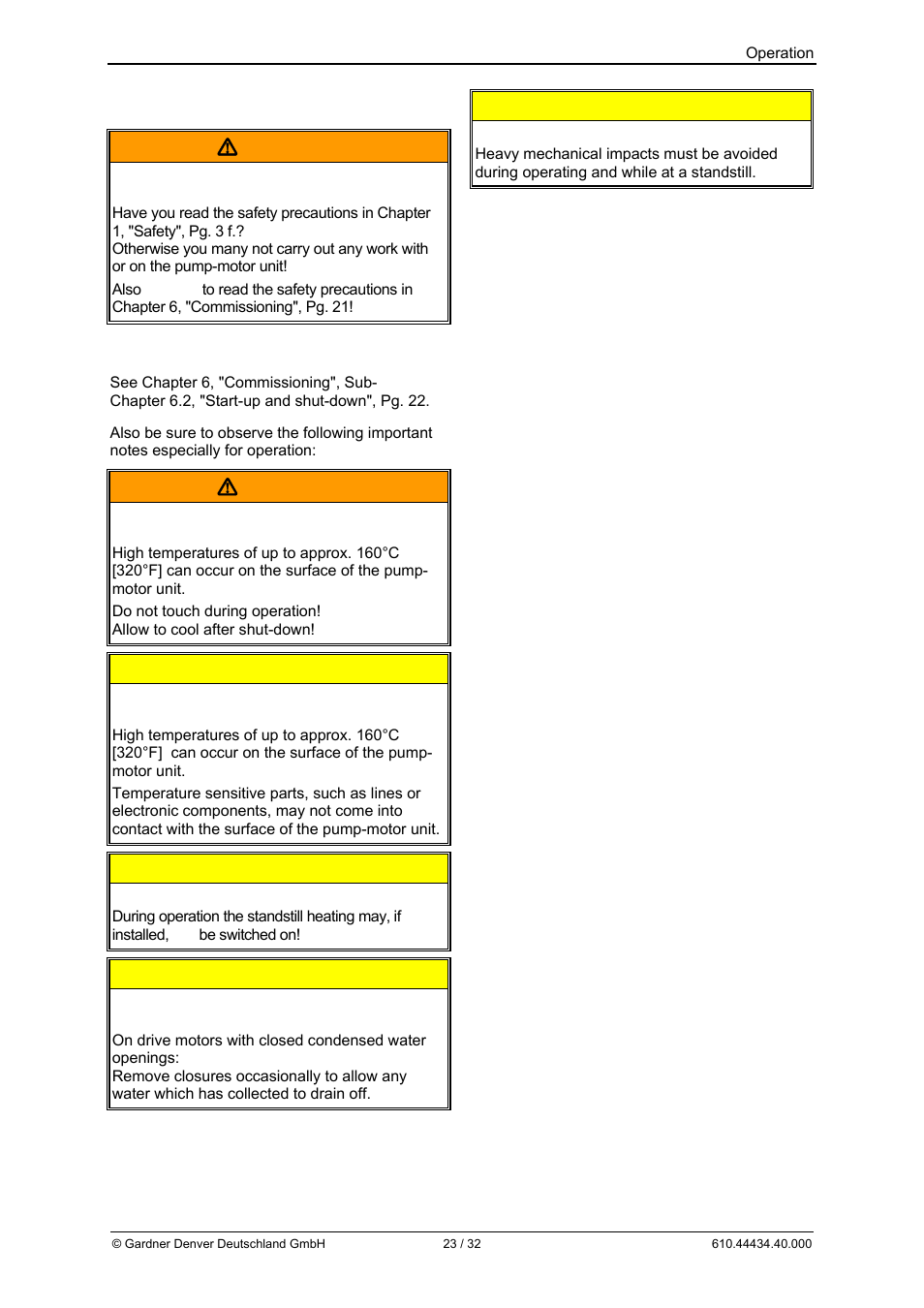 7 operation  warning, Warning, Caution | Elmo Rietschle G-BH9 User Manual | Page 23 / 32