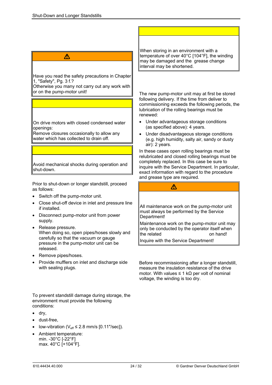 8shut-down and longer standstills, Warning, Caution | Elmo Rietschle G-BH9 User Manual | Page 24 / 32