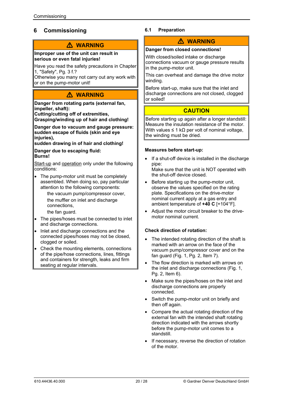 6 commissioning  warning, Warning, Caution | Elmo Rietschle G-BH7 Operating instructions User Manual | Page 20 / 28