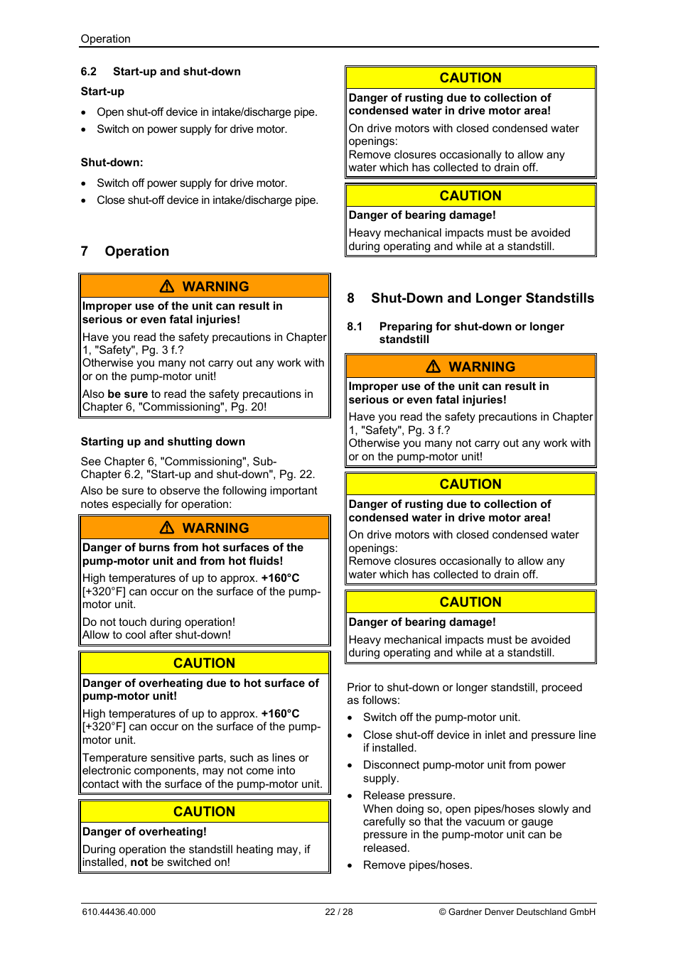7 operation  warning, Warning, Caution | 8 shut-down and longer standstills | Elmo Rietschle G-BH7 Operating instructions User Manual | Page 22 / 28
