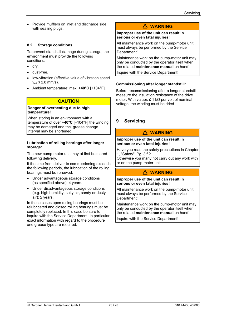 Caution, Warning, 9 servicing  warning | Elmo Rietschle G-BH7 Operating instructions User Manual | Page 23 / 28