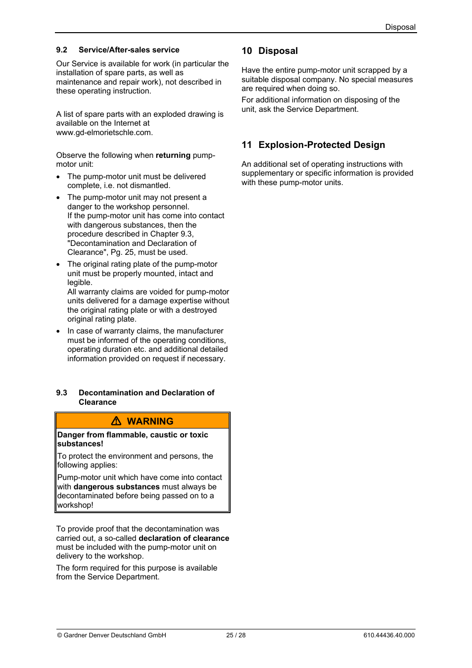 Warning, 10 disposal, 11 explosion-protected design | Elmo Rietschle G-BH7 Operating instructions User Manual | Page 25 / 28