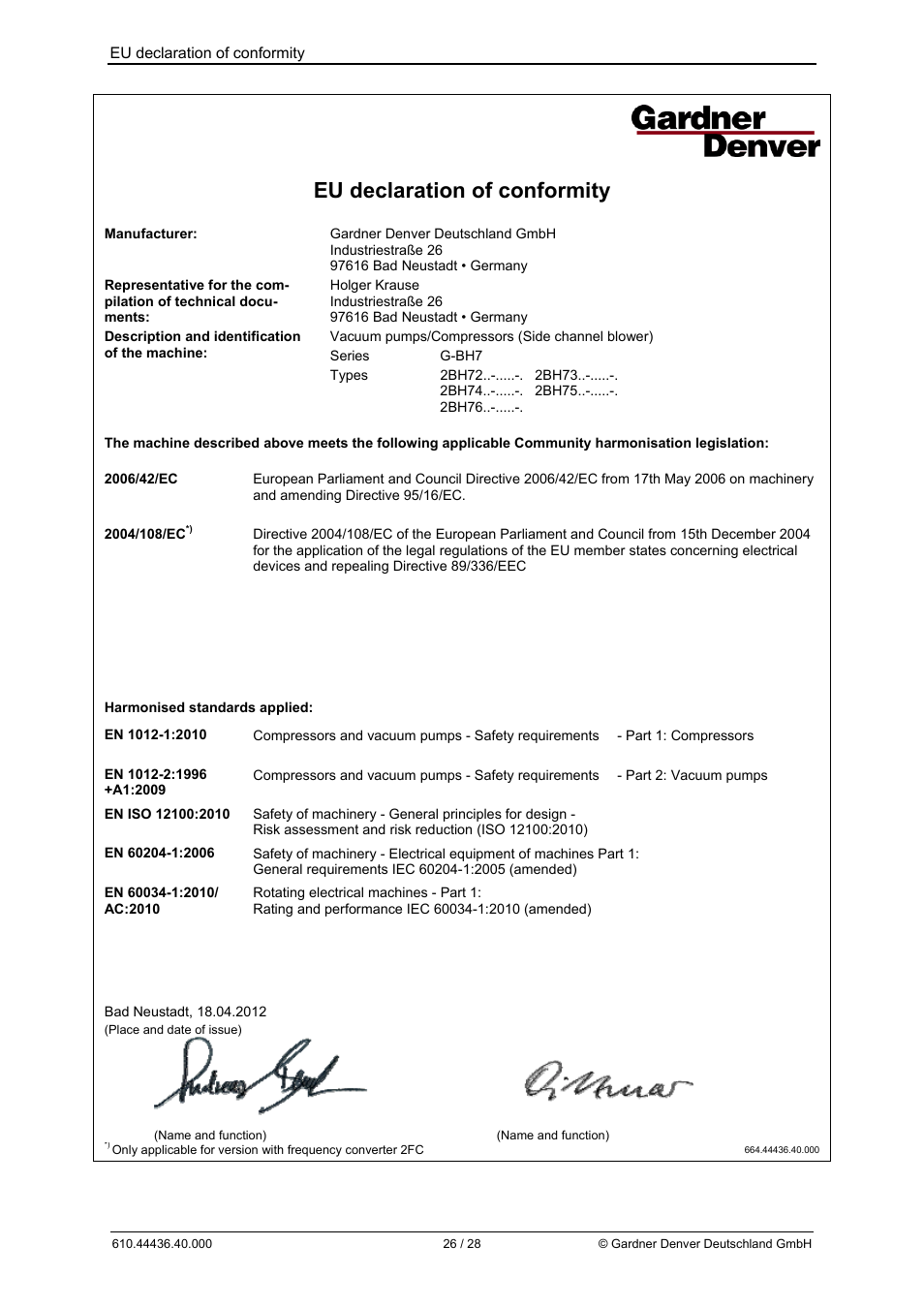 Eu declaration of conformity | Elmo Rietschle G-BH7 Operating instructions User Manual | Page 26 / 28