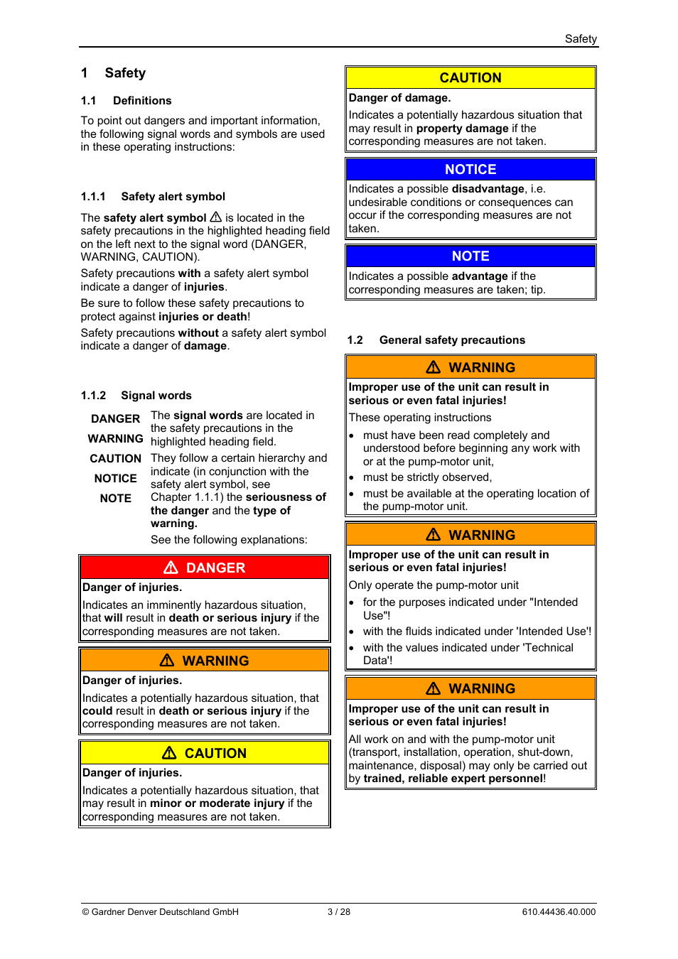 1 safety, Danger, Warning | Caution, Notice | Elmo Rietschle G-BH7 Operating instructions User Manual | Page 3 / 28