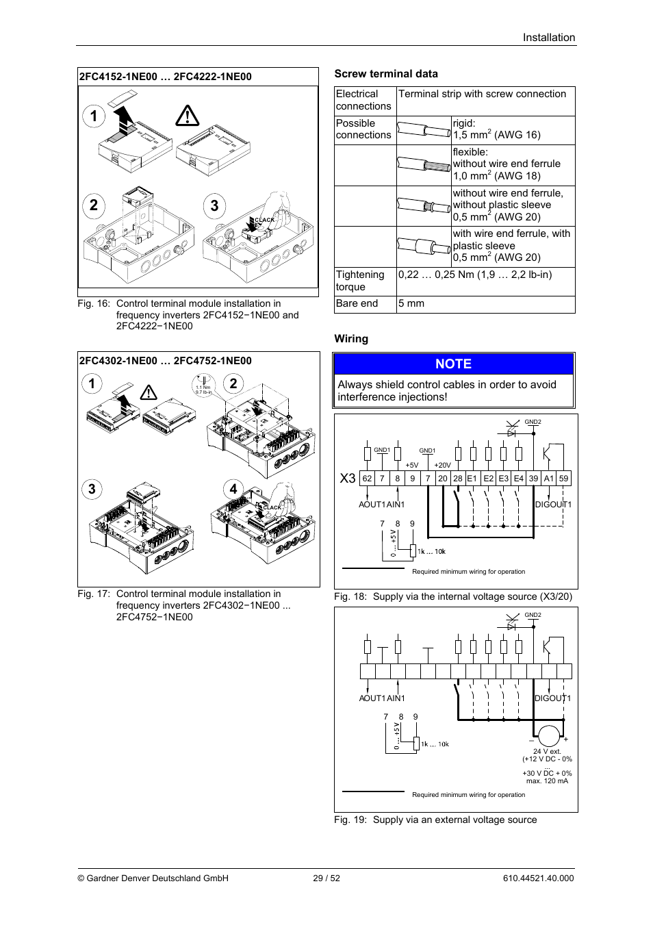 Installation, Screw terminal data, Wiring | Elmo Rietschle G-BH1e User Manual | Page 29 / 52