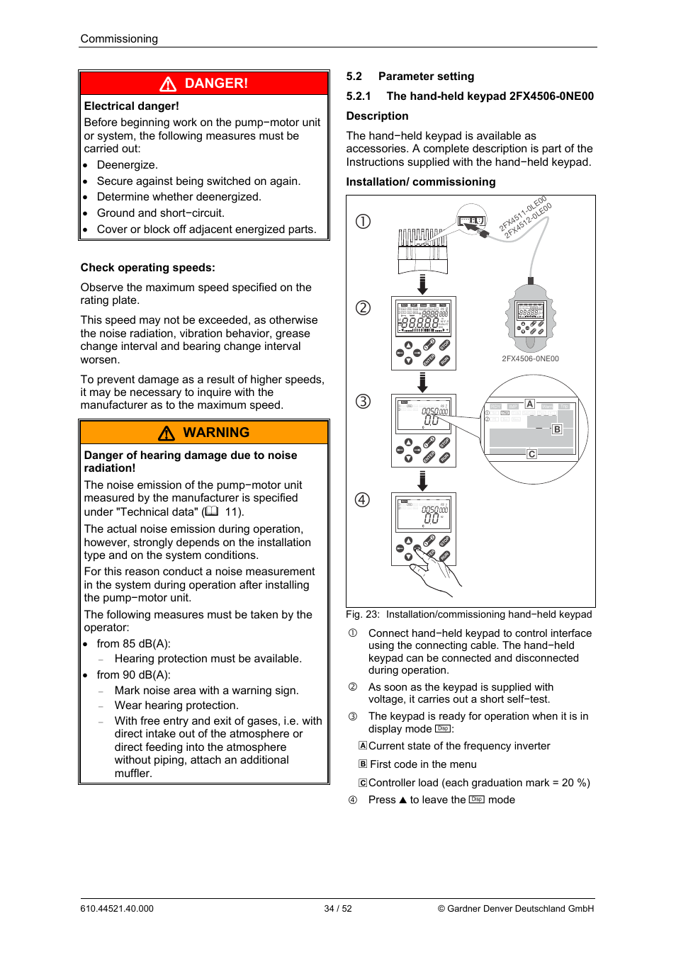 Danger, Warning, Commissioning | Mark noise area with a warning sign, Wear hearing protection, Z y w x, Current state of the frequency inverter, First code in the menu, Controller load (each graduation mark = 20 %), Press | Elmo Rietschle G-BH1e User Manual | Page 34 / 52