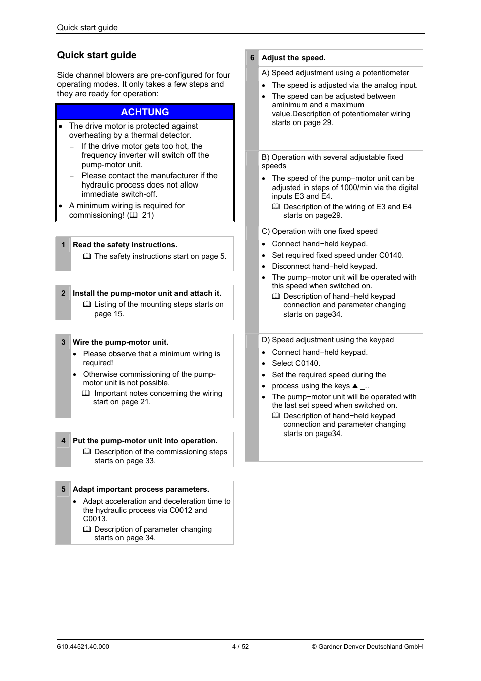 Quick start guide, Achtung | Elmo Rietschle G-BH1e User Manual | Page 4 / 52