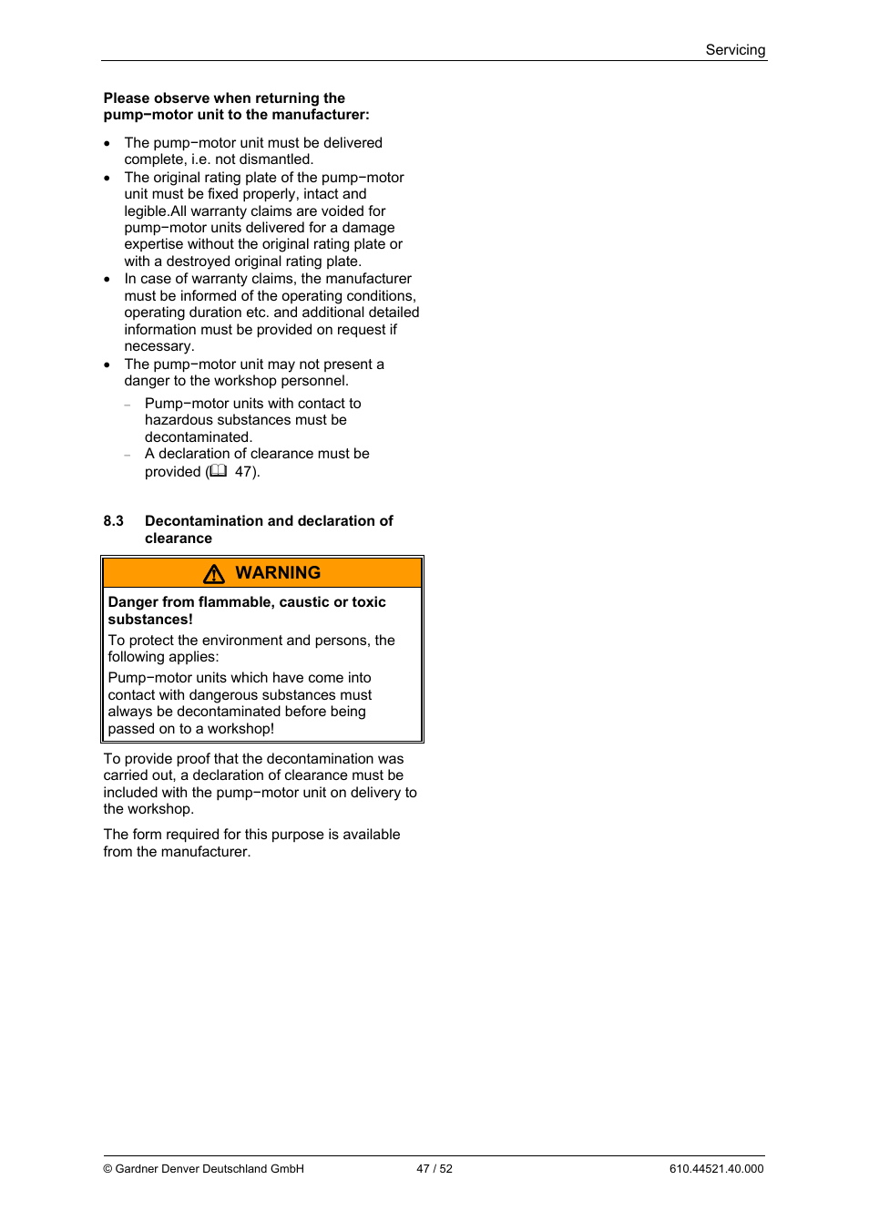 Warning | Elmo Rietschle G-BH1e User Manual | Page 47 / 52