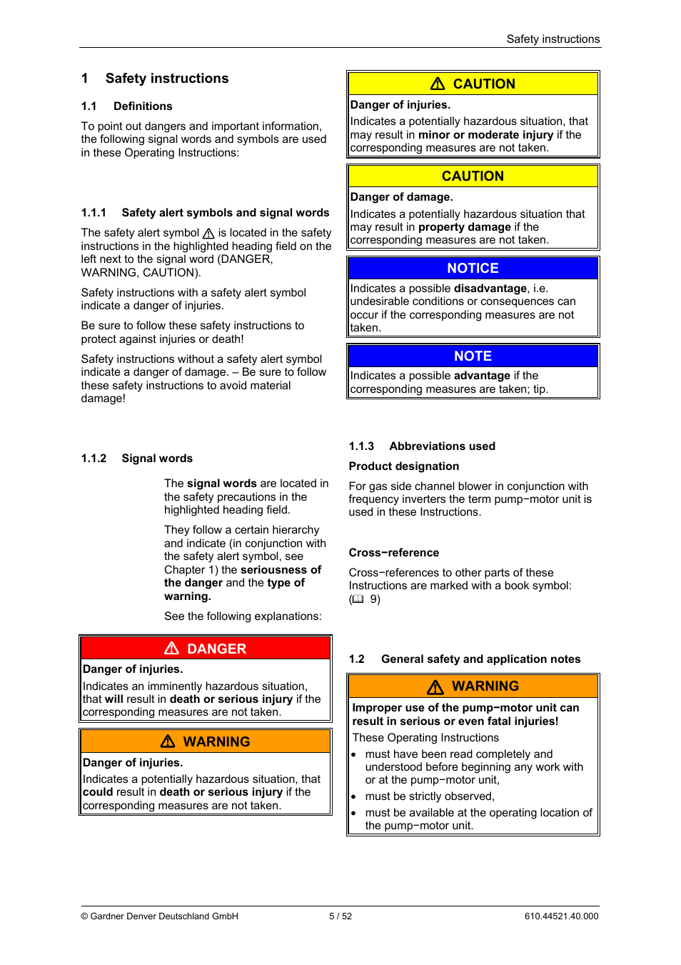 1 safety instructions, Danger, Warning | Caution, Notice | Elmo Rietschle G-BH1e User Manual | Page 5 / 52