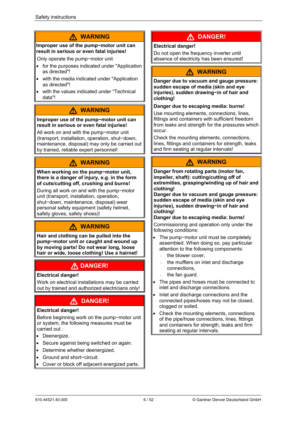 Warning, Danger | Elmo Rietschle G-BH1e User Manual | Page 6 / 52
