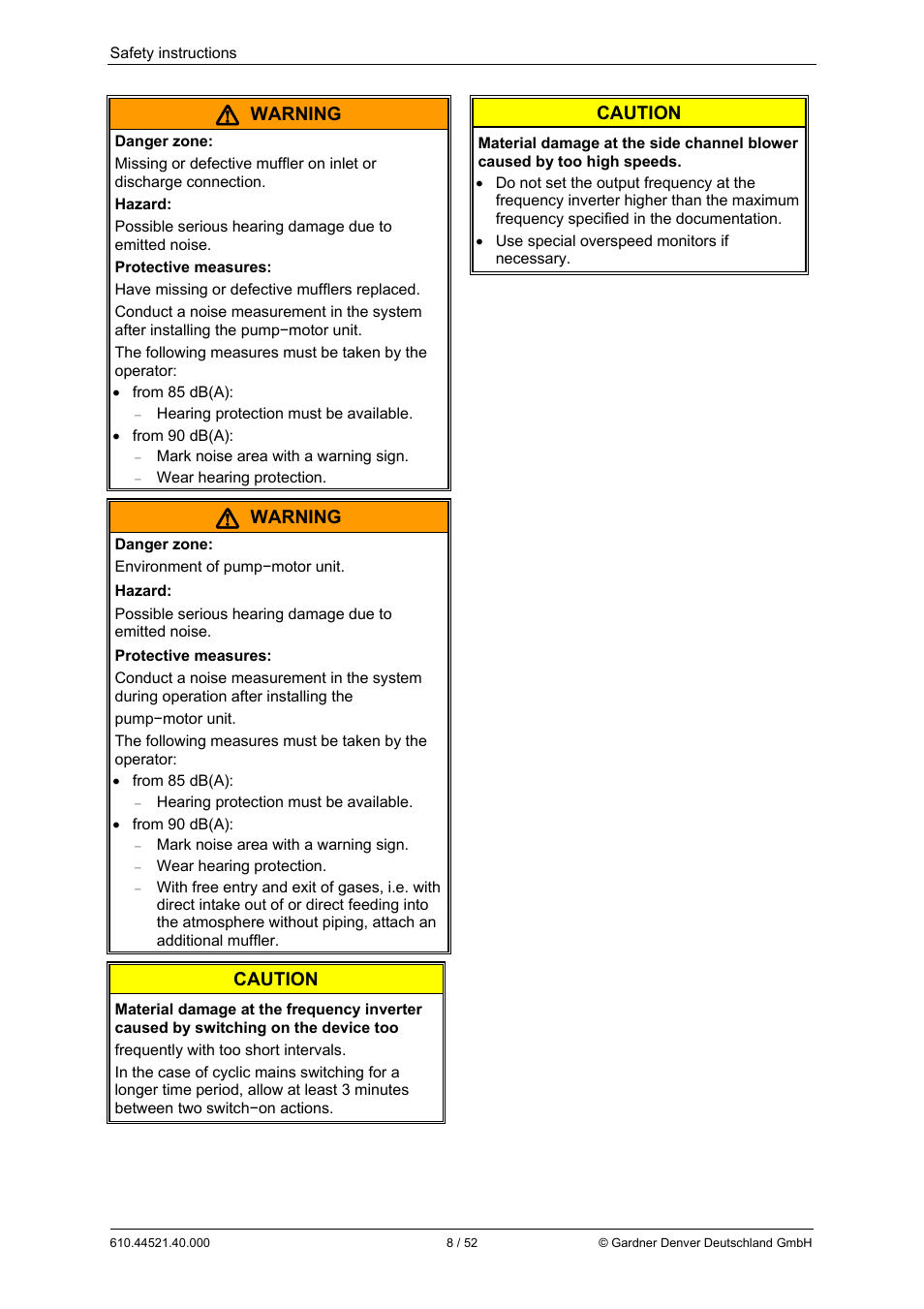 Warning, Caution | Elmo Rietschle G-BH1e User Manual | Page 8 / 52