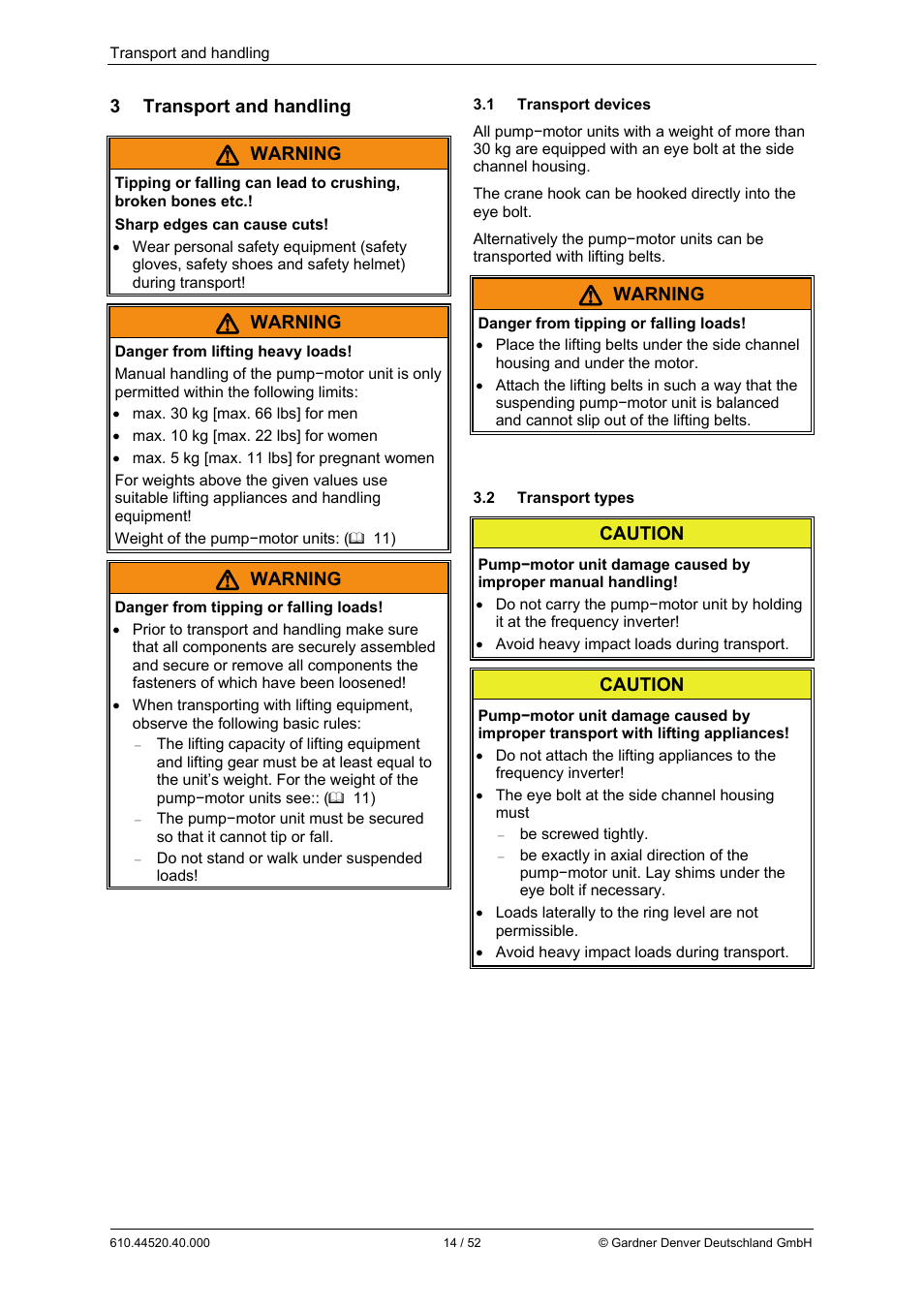 3 transport and handling, Warning, Caution | Elmo Rietschle G-BH7e User Manual | Page 14 / 52