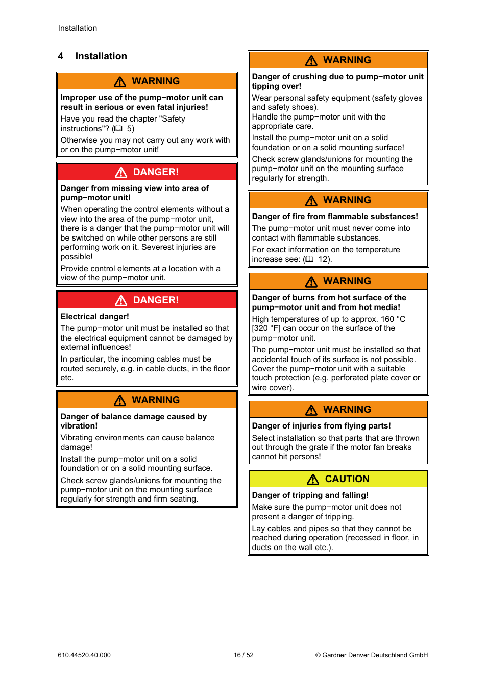 4 installation, Warning, Danger | Caution | Elmo Rietschle G-BH7e User Manual | Page 16 / 52