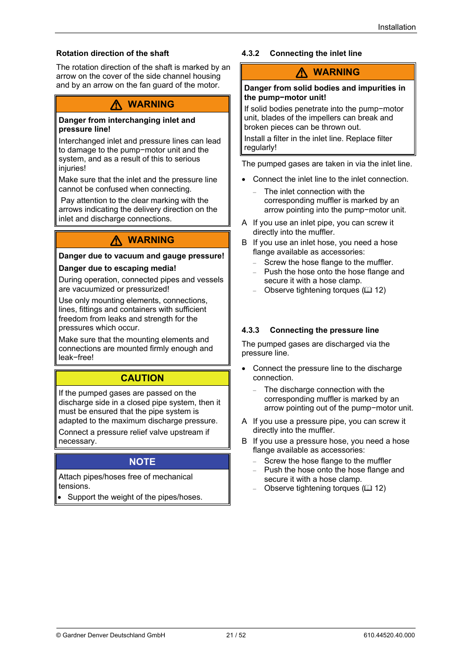 Warning, Caution | Elmo Rietschle G-BH7e User Manual | Page 21 / 52