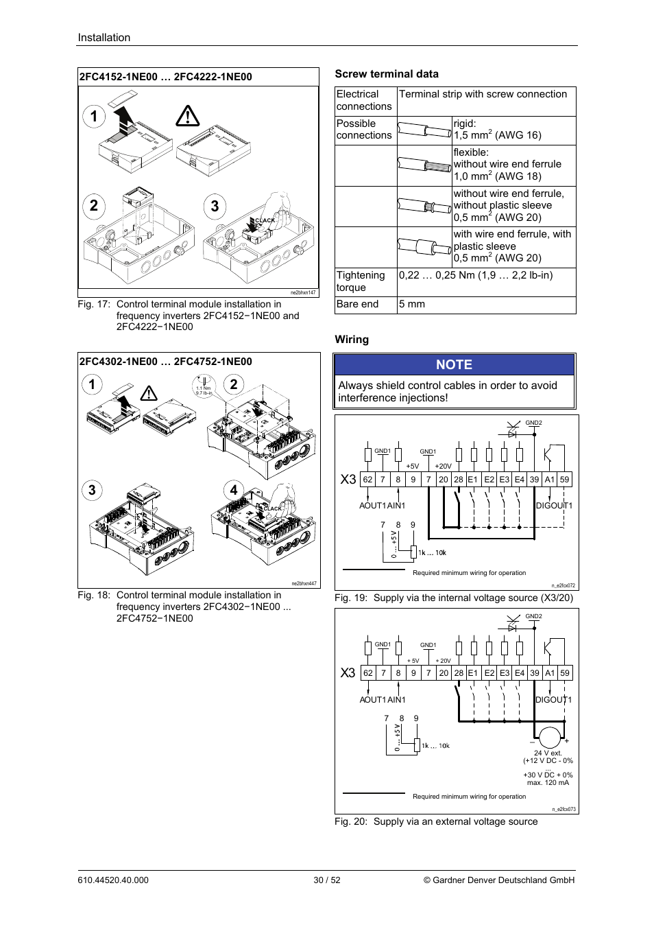 Installation, Screw terminal data, Wiring | Elmo Rietschle G-BH7e User Manual | Page 30 / 52