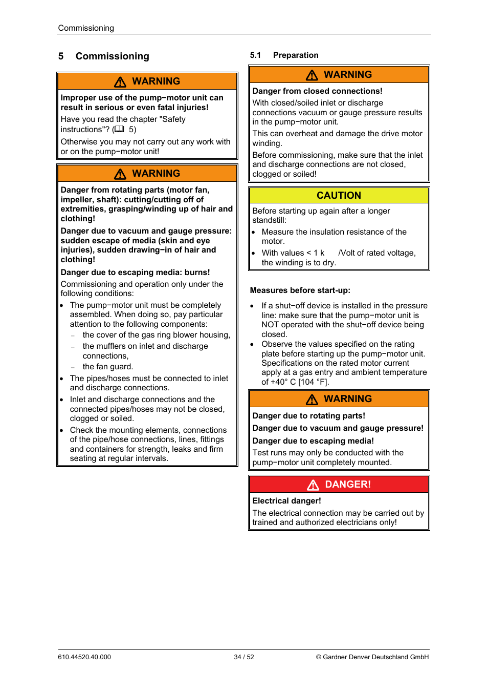 5 commissioning, Warning, Caution | Danger | Elmo Rietschle G-BH7e User Manual | Page 34 / 52