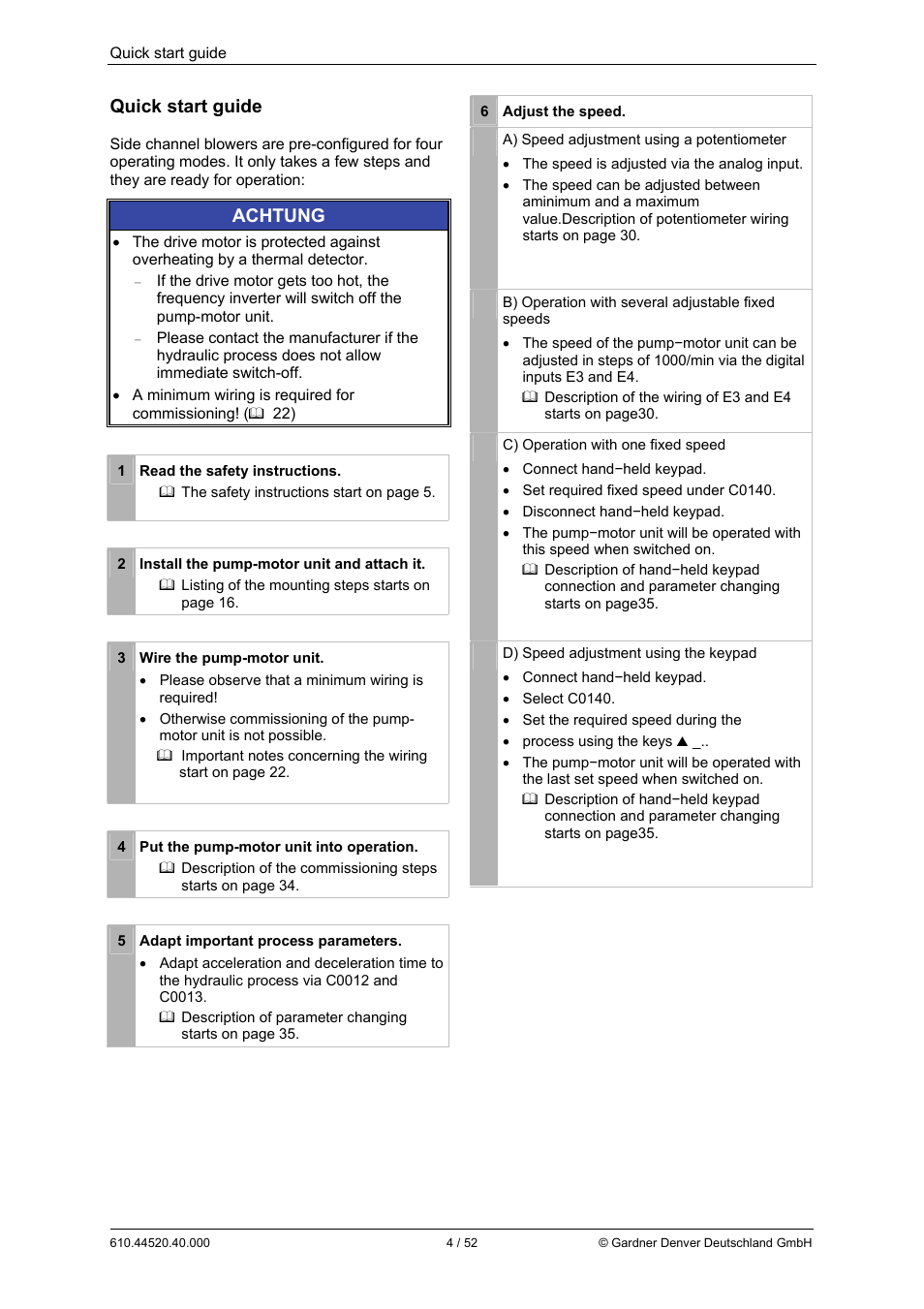 Quick start guide, Achtung | Elmo Rietschle G-BH7e User Manual | Page 4 / 52