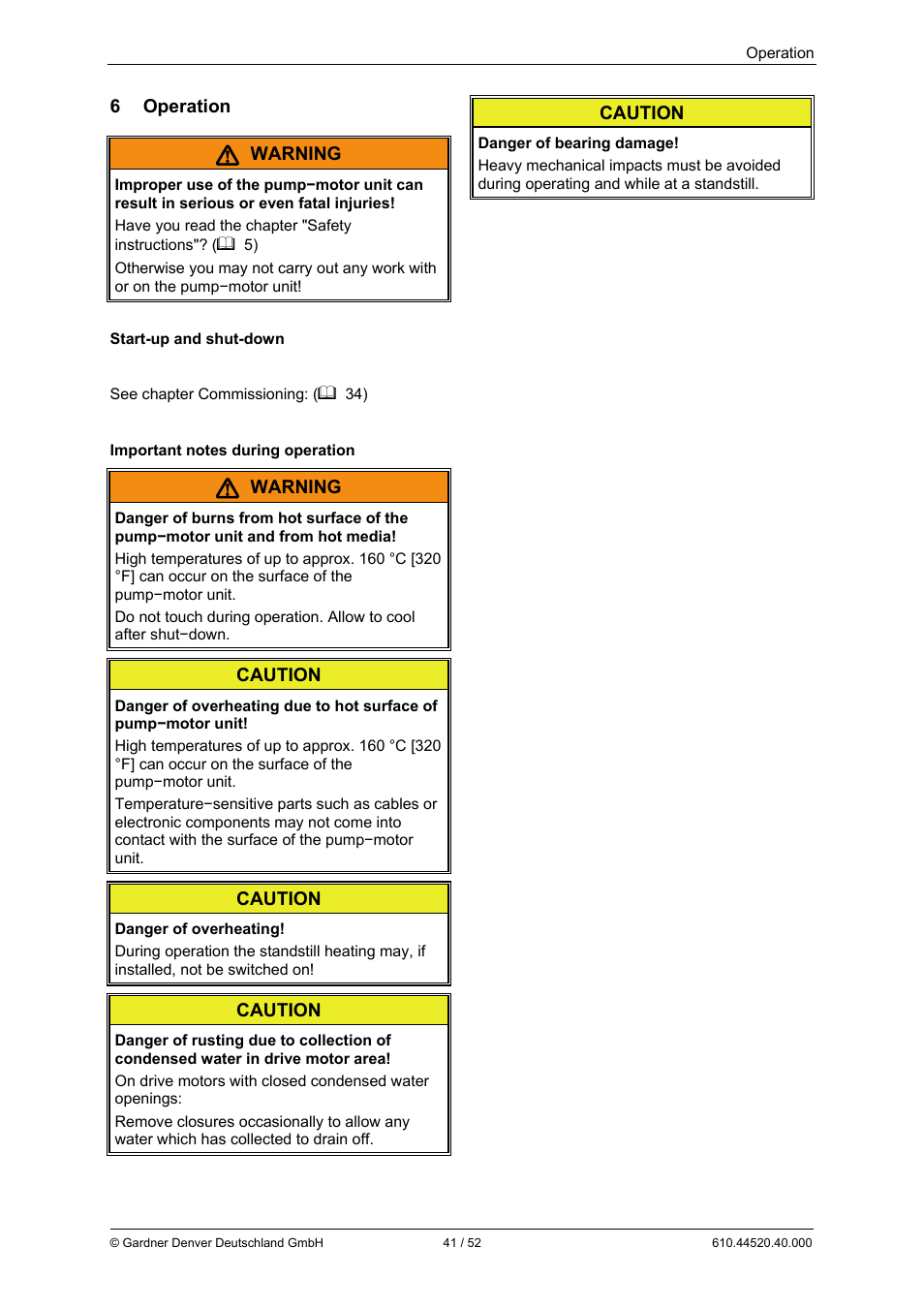 6 operation, Warning, Caution | Elmo Rietschle G-BH7e User Manual | Page 41 / 52