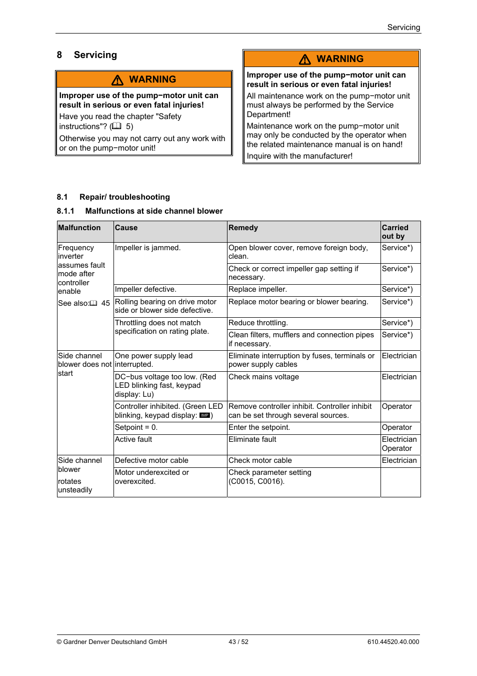 8 servicing, Warning | Elmo Rietschle G-BH7e User Manual | Page 43 / 52