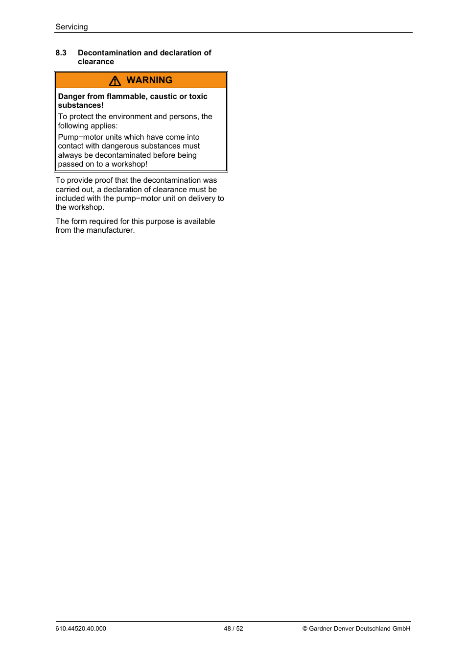 Warning | Elmo Rietschle G-BH7e User Manual | Page 48 / 52